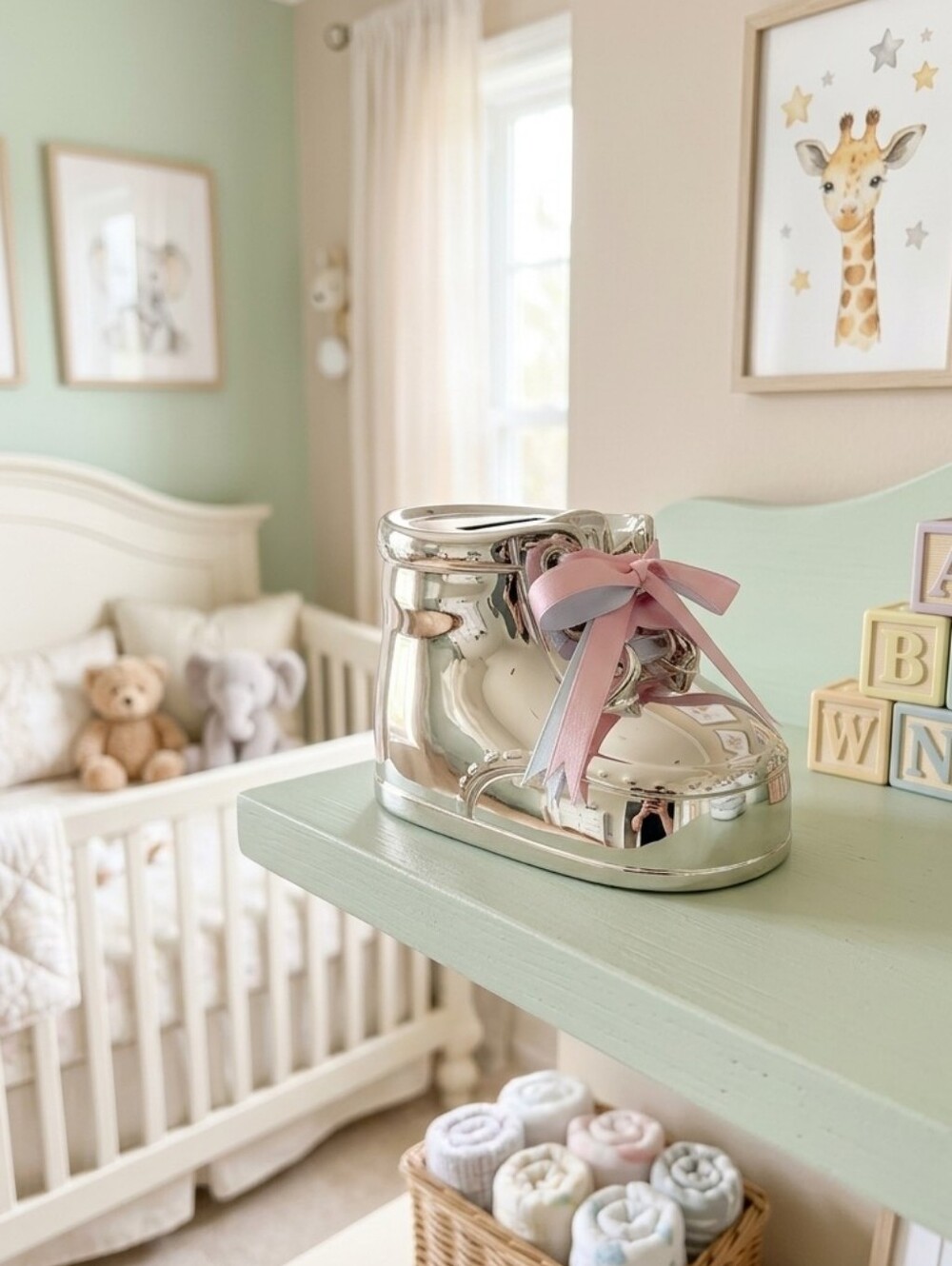 Silver-plated Baby Bootie Shoe Money Coin Bank with Pink And Blue Ribbon